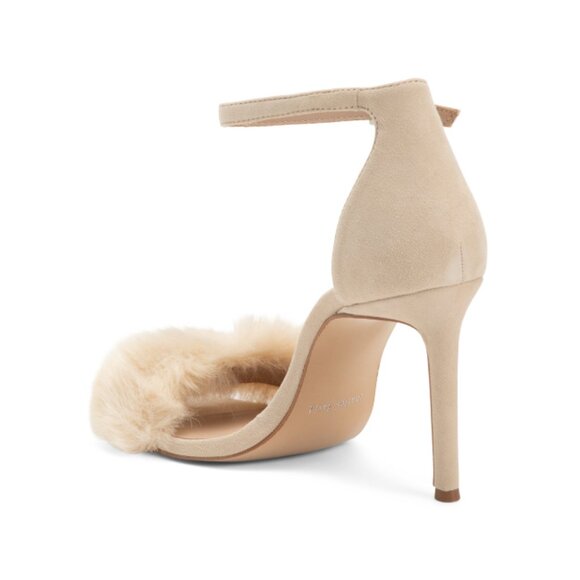 CHARLES DAVID Off White Suede Empoli Faux Fur Heeled Sandals - Picture 2 of 2